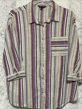 Unique Spectrum Men's Striped Button-Down Shirt in Purple and Beige
